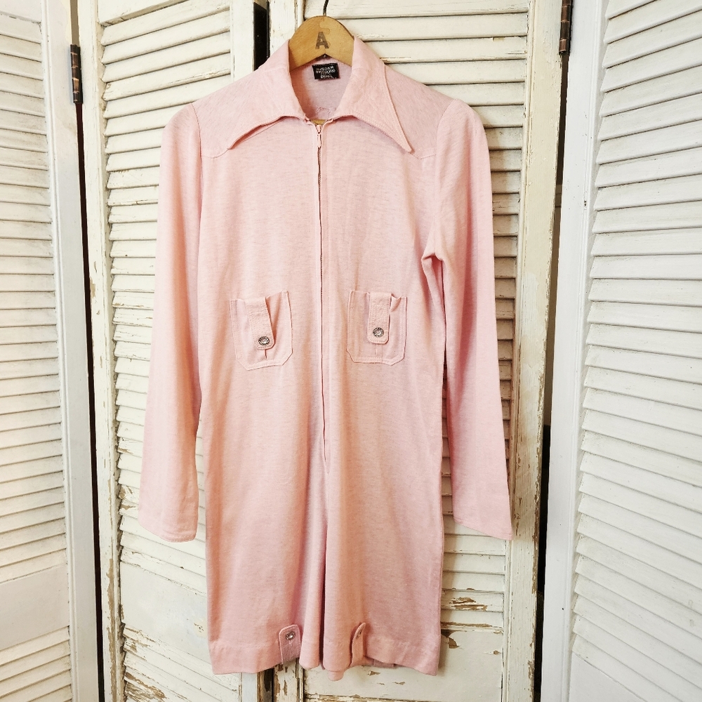 Vintage 70s Soft Pink 100% Cotton Hot Pants Romper Small